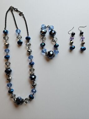 Blue and Gray Faceted Bead Necklace, Earring, and Bracelet Set